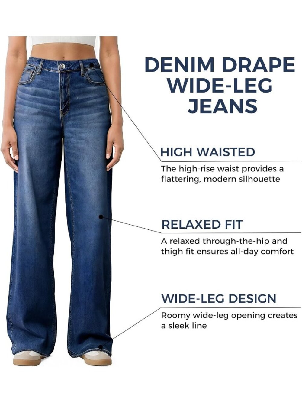 Women's Dark Blue High Waisted Baggy Loose Straight Denim Pants Wide Leg Jeans - Picture 5 of 6